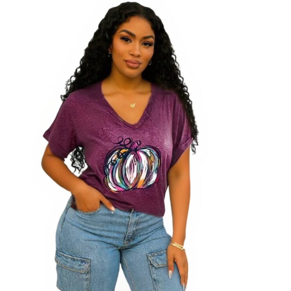 Colorful Pumpkin Fall Graphic Tee | Purple Autumn T-Shirt for Women